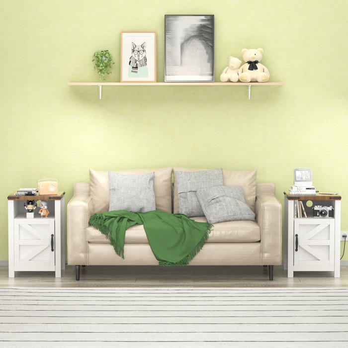 Millwood Pines Wood Nightstands with Charging Station End Table Bedside Tables with Barn Door